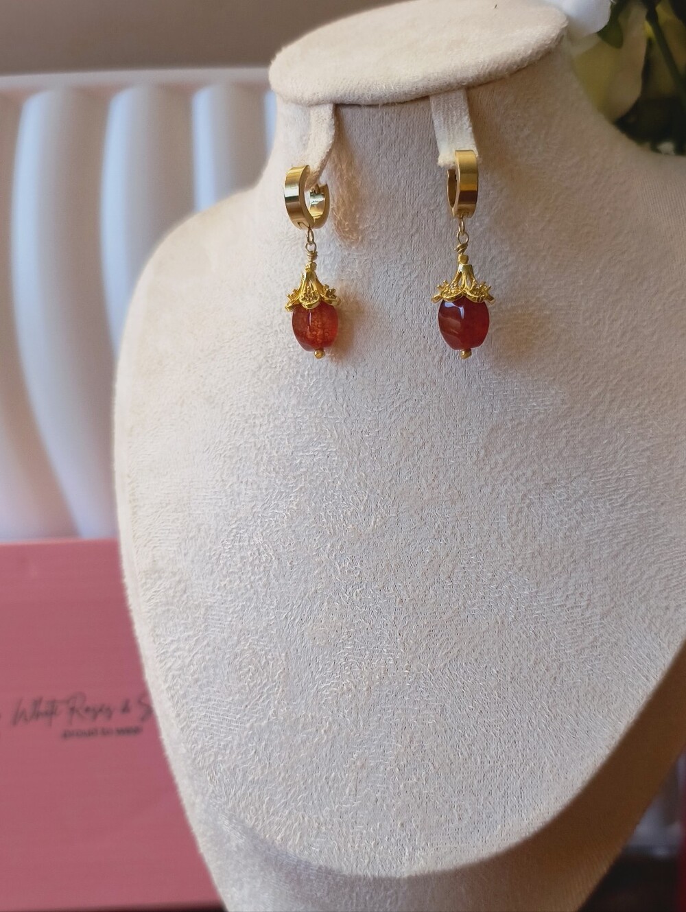 18k Gold Red Dragon Vein Agate Huggie Earrings • CZ Petal Drop Hoops